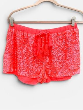 Pia Pauro Sequined Shorts Coral Pink Tassel Drawstring Lined Large